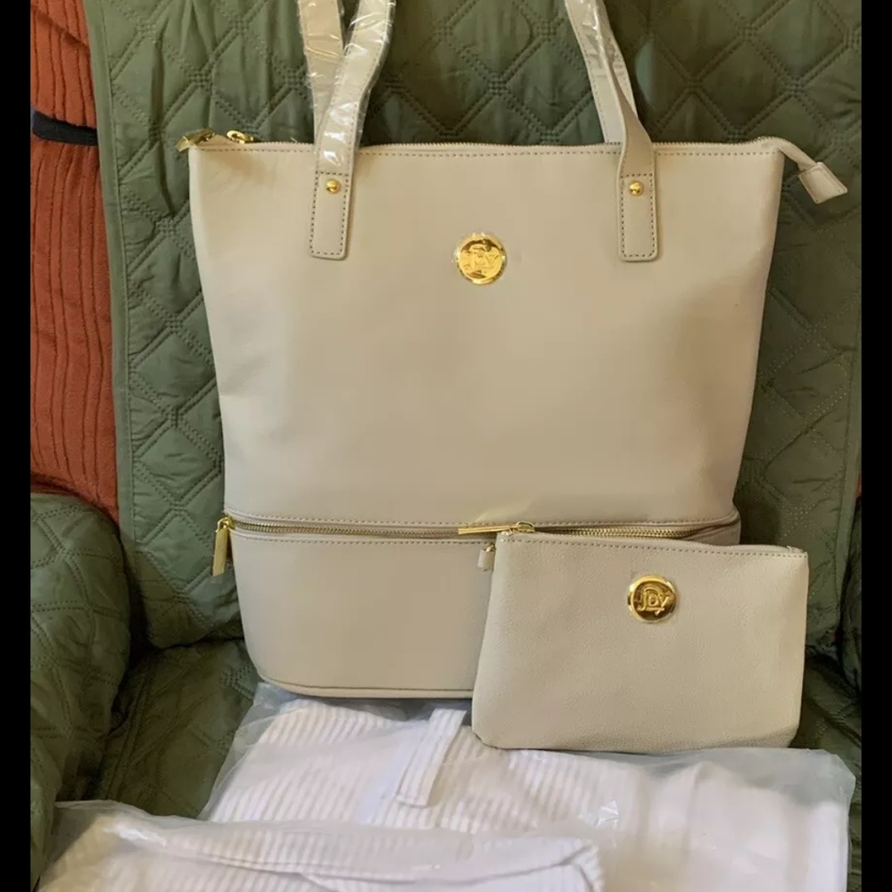 JOY MANGANO Elegant Cream Tote Bag with Gold Accents